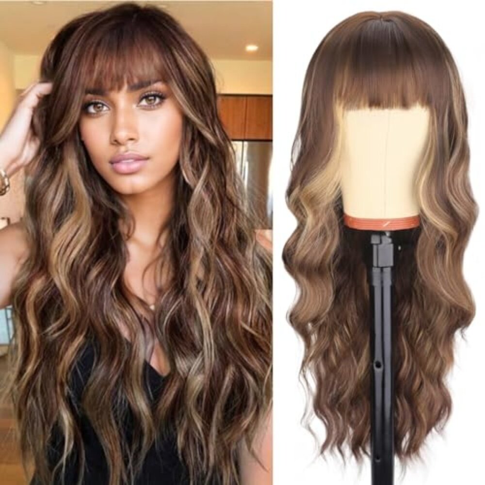 Long Brown Wigs with Bangs 26 Inches Curly Wavy Wig for Women Brown Mixed Blonde